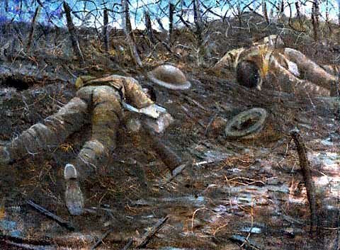 Dead soldiers in barbed wire, in the Great War