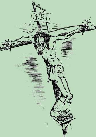 Crucified Christ wearing gas mask and army boots, drawing by George Grosz, 1924