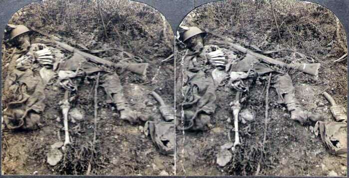 Dead soldier a trench in the Great War, stereo picture